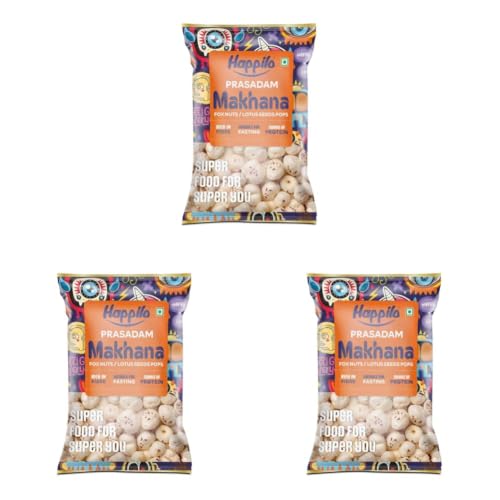 Image of Happilo Premium Plain Prasadam Makhana 200g, Fit for Fasting, Lotus Seed Pop /Gorgon Nut Puffed Kernels, Hand-Picked (Pack of 3)