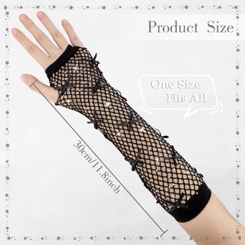 Rhinestone Fishnet Bow Gloves for Women and Girls - Fingerless Fishnet Gloves for Halloween Costume2