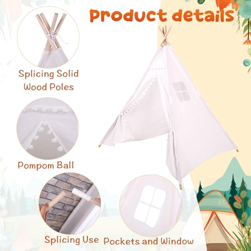 Windyun 6 Pcs Kids Teepee Tent Foldable Washable Indoor Outdoor for Boys Girls Toddler Boho Sleepovers Birthday Pajama Party Spa Supplies(63 Inch,White) by Windyun - Image 3