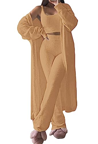 Image of Fixmatti Women's Fuzzy 3 Piece Sweatsuit Open Front Cardigan Crop Tank Tops Wide Legs Pants Lounge Sets
