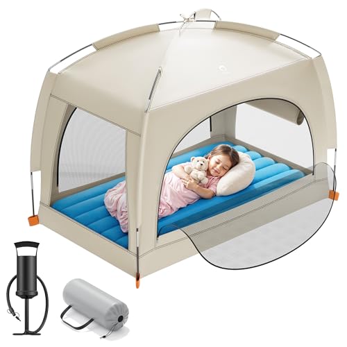 QPAU Aufblasbares Reisebett für Kleinkinder mit Zelt – leichte aufblasbare Kinder-Luftmatratze mit Handpumpe – Indoor & Outdoor tragbare Schlaflösung für Camping, Reisen, Zuhause, Oma – ab 3 Jahren