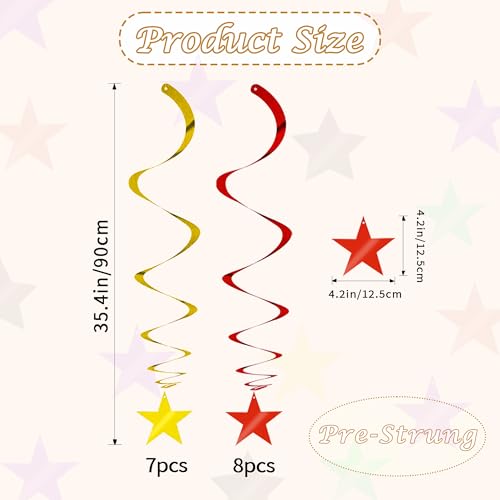 Image of BEISHIDA Red Gold Star Hanging Swirl Ceiling Hanging Decorations for Happy New Year 2026 Party Spring Festival Chinese Lunar Valentine Graduation Birthday Wedding Decorations, Pack of 15