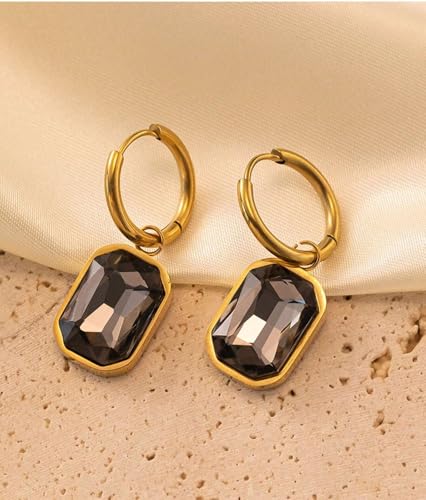 Image of El Regalo Stainless Steel Rectangular Cut Rhinestone Hoop Earrings - Elegant 18K Gold Plated Waterproof Vintage-Inspired Cubic Zirconia Huggie Hoops for Women