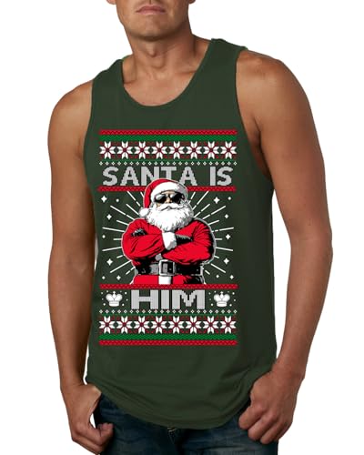 Santa is Him Funny Gen Z Viral Meme Shades Religious Christ Christian Christianity Brain Rot Joke Slang Ugly Christmas Mens Tank Top, Forest Green, XX-Large