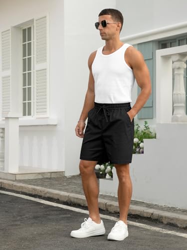 Image of RQP Mens Cotton Linen Shorts Casual Drawstring 7inch Inseam Shorts Stretch Summer Beach Wear