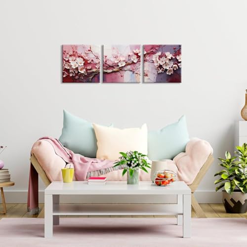 Piy Painting Gemälde Auf Leinwand, Rosa Blume Leinwandbilder, Kirschblüte Gemälde, Romantischer Druck Auf Leinwand Für Schlafzimmer Wohnzimmer Bad Eingang, Set Von 3, 30x30 cm(90x30 cm)