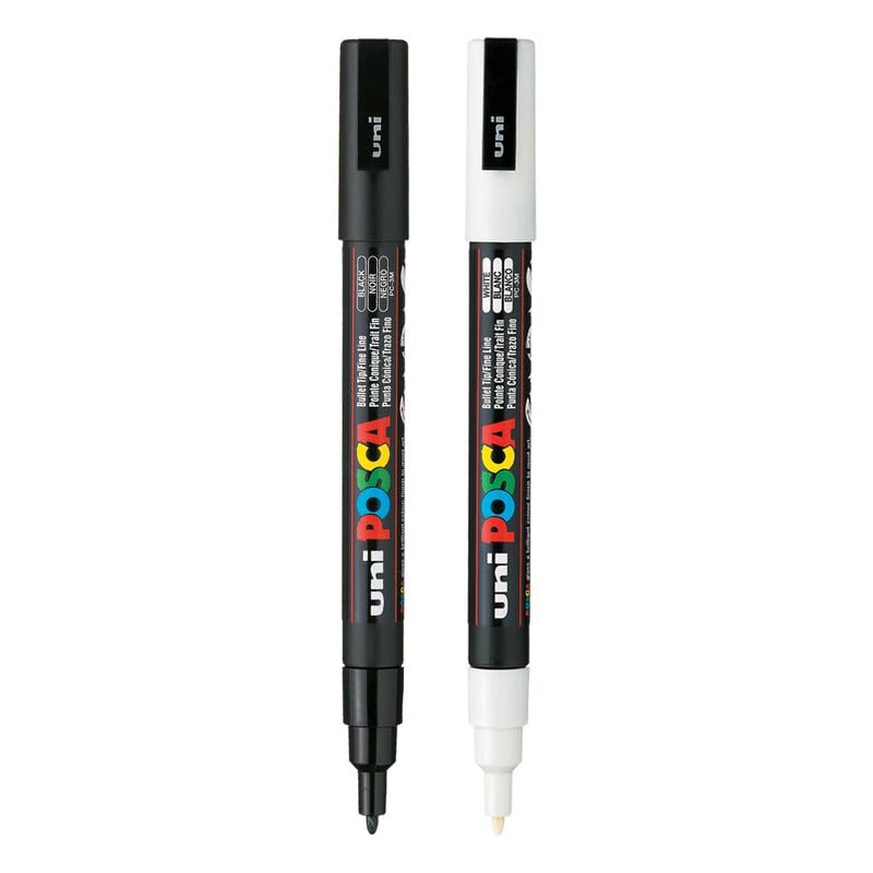 Uni-Ball Posca 3M 0.9-1.3mm Bullet Shaped Markers, Black & White Ink, Pack of 2-image-1