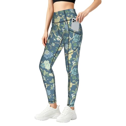 Pantalones de yoga con flores azules y amarillas mallas deportivas opacas con bolsillos para mujer