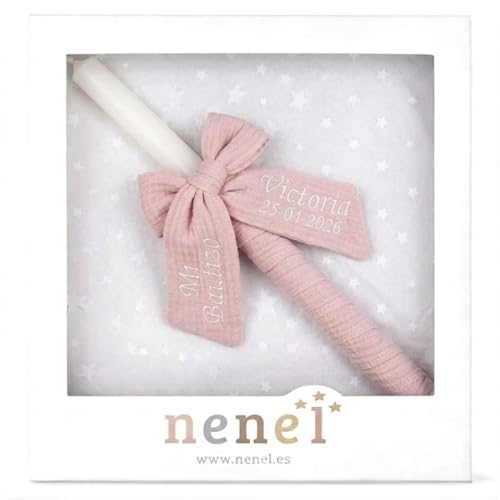 Vela para Bautizo personalizada - Vela Bautismal Personalizable con nombre y fecha – Cirio sacramental decorado - Cirio de Bautizo - Modelo Bambula – Nenel (Rosa Maquillaje)