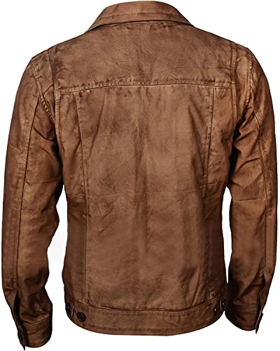 Hide & Seek Men's Vintage Waxed Brown Cowboy Western Fashion Trucker Shirt Collar Classic Retro Leather Jacket4