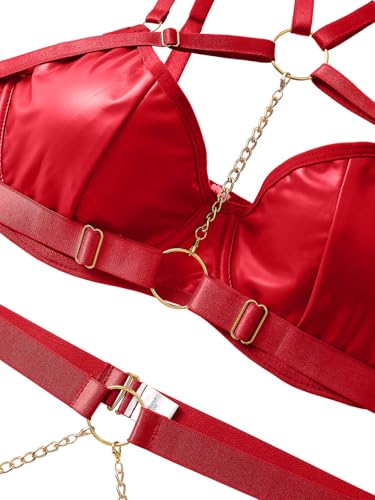 Image of Lilosy Sexy Pu Leather Strappy Underwire Garter Belt Lingerie Set