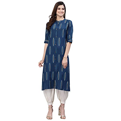 Image of Stylum Women's Turquoise Block Printed Rayon A-Line Kurta | Office Kurtas for Women (Available in Plus Sizes)