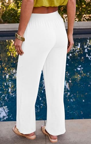 Diosun Womens Casual Palazzo Pants High Waisted Wide Leg Long Lounge Elastic Drawstring Waist Trousers with Pockets(S, White)2