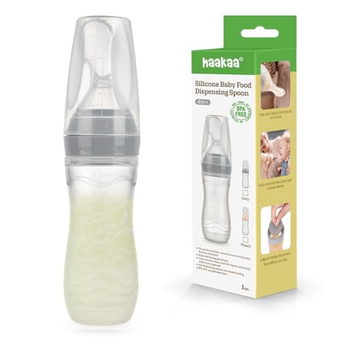 Haakaa Silicone Baby Food Dispensing Spoon Feeder 4oz – Infant Squeeze Cereal Feeder, Baby Fresh Food Feeder, Feed Bottle for Puree, Solid Baby Food, BPA Free, 4m+ Babies – Grey