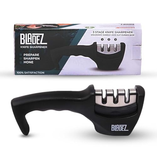 Bladez Smart Sharp Knife Sharpener - Professional 3 Stage Manual Sharpener for Sharpening Kitchen Knives - Ceramic Stone, Tungsten Carbide Plates, Diamond rods. Ergonomic Design