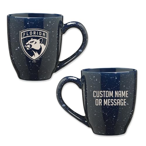 Image of Rico Industries NHL Hockey Florida Panthers Navy Personalized 16 oz Team Color Laser Engraved Speckled Ceramic Coffee Mug