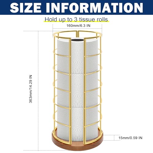 NearMoon Toilet Paper Organizer Stand, Freestanding 3 Rolls Tissue Storage, Metal Bathroom Accessory, Rustproof Toilet Roll Holder for Kitchen Countertop Inside Cabinet Shelf(Wooden Base, Gold)
