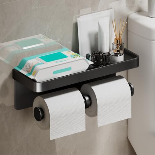Image of HASTHIP Toilet Paper Roll Holder, Metal Toilet Roll Holder for Bathroom with Storage Shelf, Dual Toilet Tissue Roll Storage Design, Self Adhesive Wall Screw-Mount Modern Bathroom Organizer