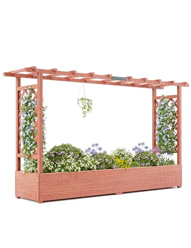 Hipicute Elevated Garden Bed with Arch Trellis & Hanging Roof for Vine Climbing Plants, Wood Planter Box with Hanging Roof, Side Trellis, 4 Drainage Holes,Above Ground Raised Garden Bed, 79