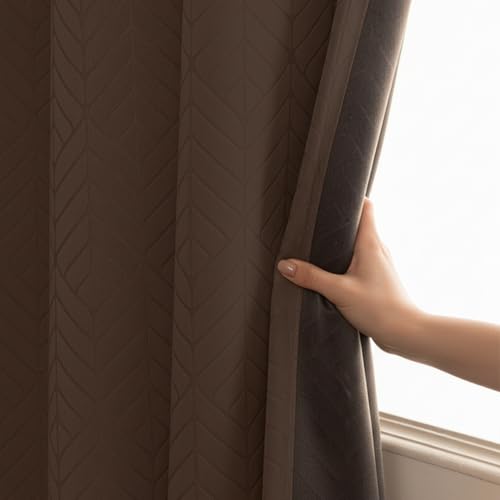 Image of HOMEMONDE 100% True Blackout Curtains 5 Feet Window - 1 Piece Curtain, Embossed Panels Light Block Thermal Insulated & Noise Reducing Top Style Rod Pocket Curtains (Brown, 60Inch)