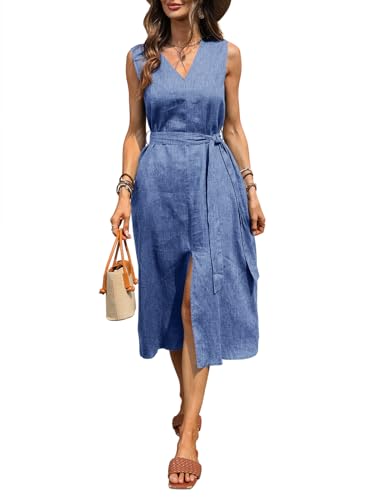 Image of Women's 100% Linen Midi Dress V Neck Sleeveless Tie Waist Side Slit Dresses 2026 Summer Dress with Pocket