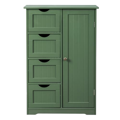 Image of Vasitelan Bathroom Wooden Floor Cabinet, Side Storage Organizer with 4 Drawers and 1 Cupboard, Freestanding Entryway Storage Unit Console Table,22 inch W x 11.8 inch D x 31.5 inch H (Green)