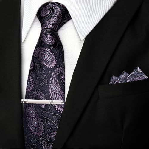 Image of DiBanGu Silk Floral Ties for Men Woven Paisley Necktie and Tie Clip Handkerchief Cufflinks Set for Party Wedding