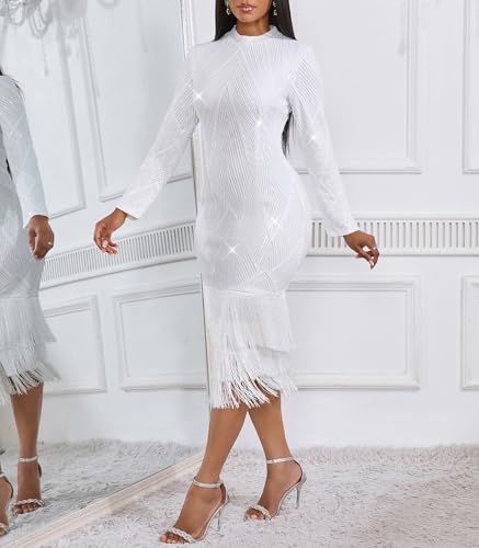 Image of Cololura Sexy Elegant Women Sequin Long Sleeve Tassel Bodycon Midi Dress Party Evening Gown Formal Dress