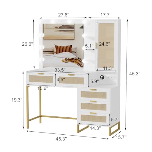 GarveeHome Vanity Desk with Mirror, 10 LED Bulbs and Power Outlet Makeup Vanity Table with 5 Drawers, 4 Storage Open Shelves and 4 Storage Shelves Cabinet Dressing Table for Bedroom Dressing Room