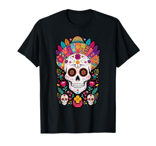 Coloridas flores caveira tradição mexicana dia dos mortos t-shirt