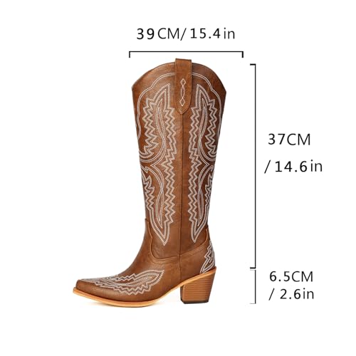 Image of Knee High Cowboy Boots Women Western Embroidered Cowgirl Boot Pointed Toe Chunky Heel Pull On Side Zipper