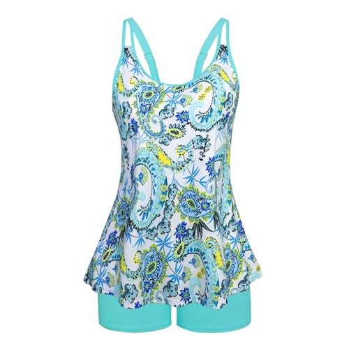 Arolina Tankini Swimsuits for Women Tummy Control Two Piece Bathing Suits Flowy Swim Tops with Boy Shorts Lake Blue Paisley Printed 20 Plus