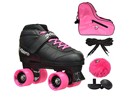 Epic Super Nitro Pink Quad Roller Skate Pompom & Bag Bundle (Mens 8) #TOP28