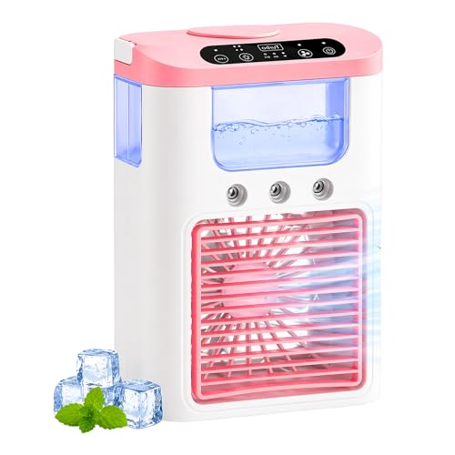 Image of Drumstone Portable Mini Air Cooler Fan with Water Tank, USB Personal Air Conditioner, 3 Speed Cooling Fan with Mist Spray, Quiet Desktop Cooling Fan for Home Office Bedroom Summer Cooler - Pink