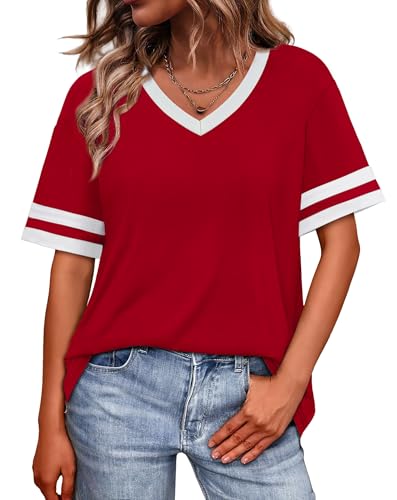 Image of WIHOLL Womens T Shirts Loose Fit Short Sleeve Tees V Neck Color Block Summer Tops 2026 Fashion S-4XL