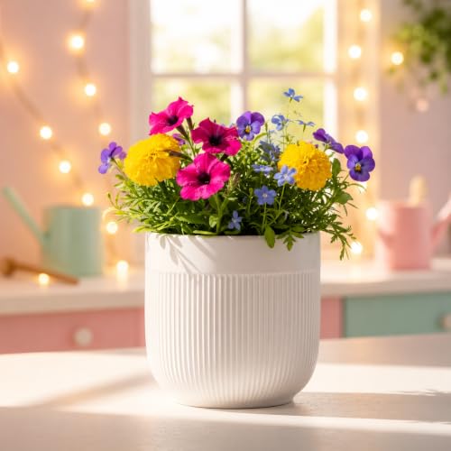 Image of Xtore Refined Ceramic Ribbed Planter with Base | Medium Round Plant Pot for Desk, Shelf & Corner Decor - (White, 1 Piece, Planter ONLY)