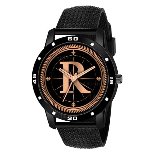 Talgo Analog Round Black Dial Alphabet R Design Stylish Black Rubber Strap Classic Design Fancy Wrist Watch for Men and Boys, Pack of 1 - Alpha-R-AVO-BLK-SFR