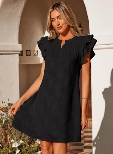 Image of Dokotoo Womens Summer Dresses 2026 Ruffle Short Sleeve Casual V Neck Smocked Floral Burnout Mini Dress Sundress