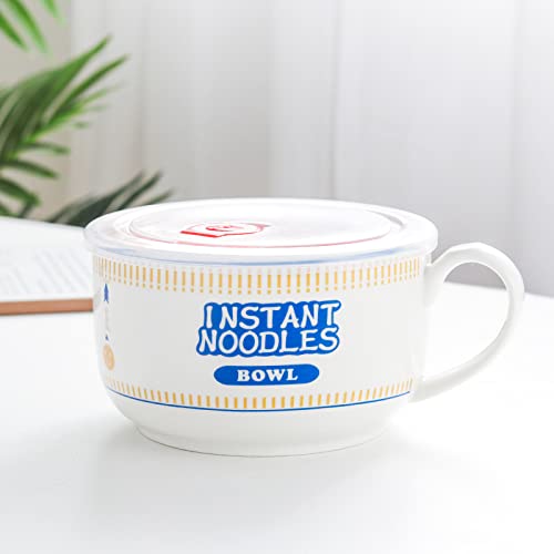 XINLAI Ceramic Instant Noodle Bowl Mugs,Cartoon Lunch Box Cup with Cover,Blue 1100ml