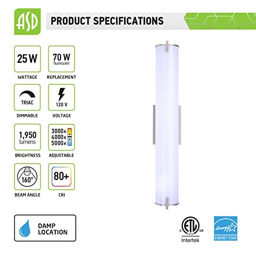 Asd Led Vanity Light Fixture | Frosted Tube Wall Mount Lighting Bar | 24 Inch 25W (70W) 120V 1750Lm 3000K 4000K 5000K Adjustable | Bathroom Cylinder Lamp, Dimmable, Energy Star, Etl | Nickel #TOP1