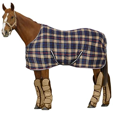 Bow & Arrow Horse Fleece Stable Rug - 250G Medium Weight Standard Neck Beige Navy Check Blanket - Equestrian Protective Winter Indoor Yard Travel Warm Cover Cover
