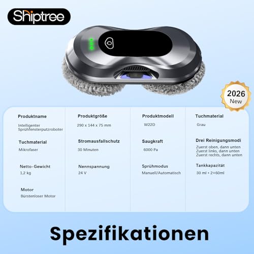 Shiptree Fensterputzroboter 2026 Neuheit, 6000Pa, Doppeldüsen-Sprühfunktion, <65dB, Sicherheitssystem, Intelligente Navigation, 10 Reinigungstücher, Für Fenster/Fliesen zu Hause, W22D