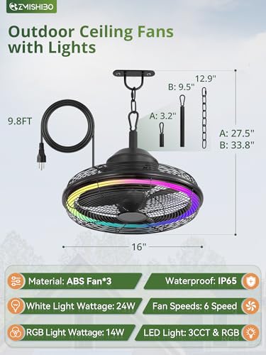 ZMISHIBO Outdoor RGB Ceiling Fans with Light,Waterproof Plug in Ceiling Fan with Remote&APP Control,Gazebo Fans Outdoor Hanging with 3CCT 6-Speeds for Patios Porch(Black) - Image 7