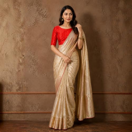 Image of Studio Shringaar Women Cotton Silk Silky Brocade Readymade Elbow Length Sleeves Saree Blouse Choli