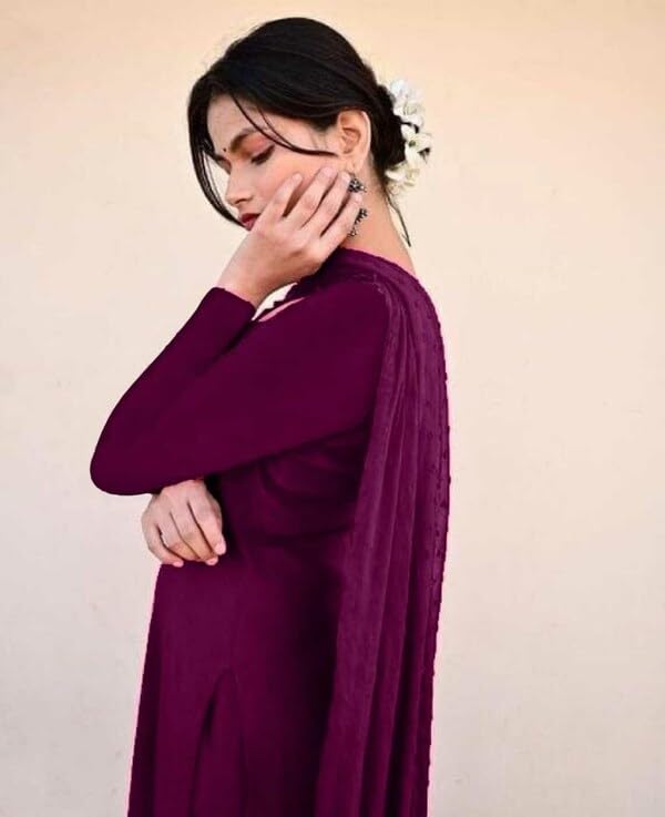 Image of Anveri Textiles Women's Cotton Blend Kurti with Square Neck Long Sleeves Solid Pattern A Line Style Ankle Length and Dupatta Set