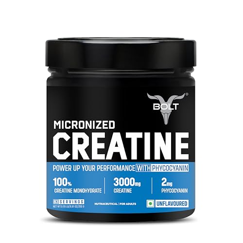 Image of Bolt Micronised Creatine Monohydrate 3000 Powder|With Phycocyanine|Boosts Athletic Performance|Provides Energy Support For Heavy Workout|Formulated In Usa| 250 grams (0.55Lb),83 Serving|Unflavored