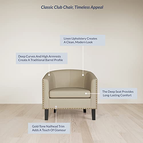 Image of BELLEZE Accent Barrel Chair, Modern Tub Club Chair Upholstered Armchair with Gold Nail Head Trim and Black Legs for Living Room Bedroom Apartment Lounge - Beige /Linen