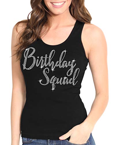 Birthday Squad Shirts for Women Group Matching - Real Crystal Rhinestone Girly Birthday Squad Tank Top - Medium - Black Tank(GrlSqd RS) Blk/Med