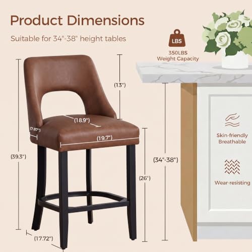 Image of UVV Bar Stools Set of 6, Modern Upholstered Counter Height Bar Stools, Faux Leather Counter Stools BarStools with Wood Legs for Kitchen Island Dining Room Bar, Brown