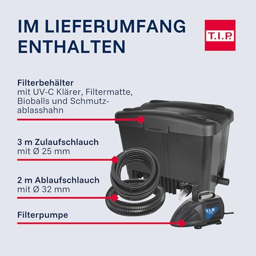 T.I.P. Teichfilter - Teichaußenfilter-Set (10.000 l Teichvolumen, Wet-and-Dry Technologie, UV-C 11 W, Filterbehälter 35 l, inkl. Pumpe, UV-C Strahler, Schläuche, Filtermaterial) WDF 10000 UV 11, 30495